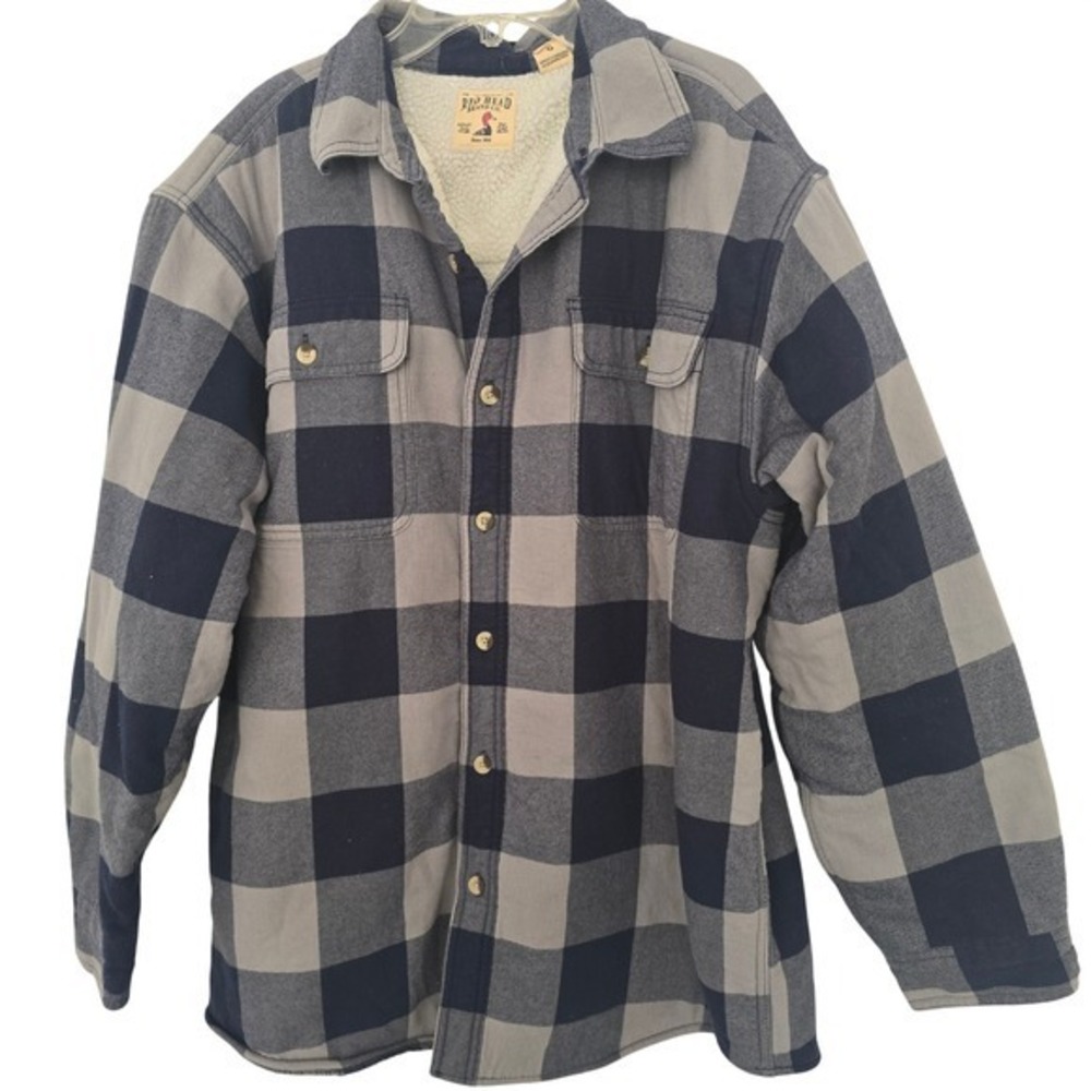 Red Head Flannel Sherpa Lined Shirt Jacket Blue Gray Plaid Men Large